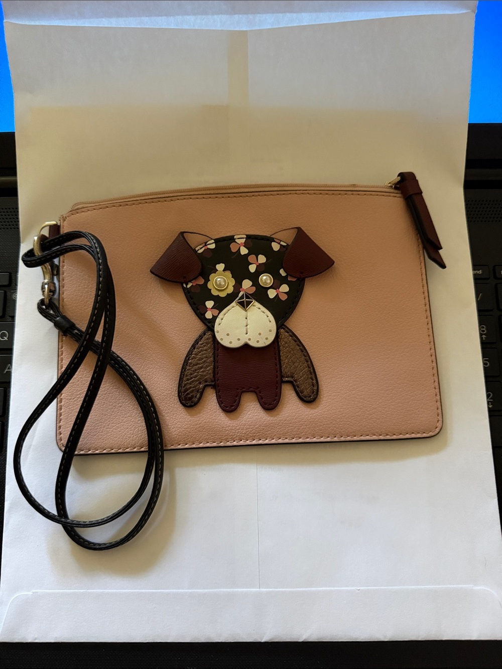 kate spade Pink Leather Wristlet with Dog Appliqué